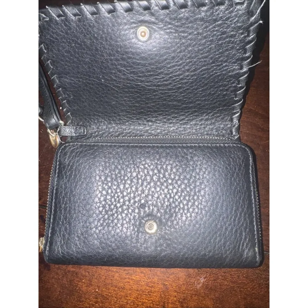 Tory Burch Wristlet Wallet Pebbled Leather Black Small Gold Hardware